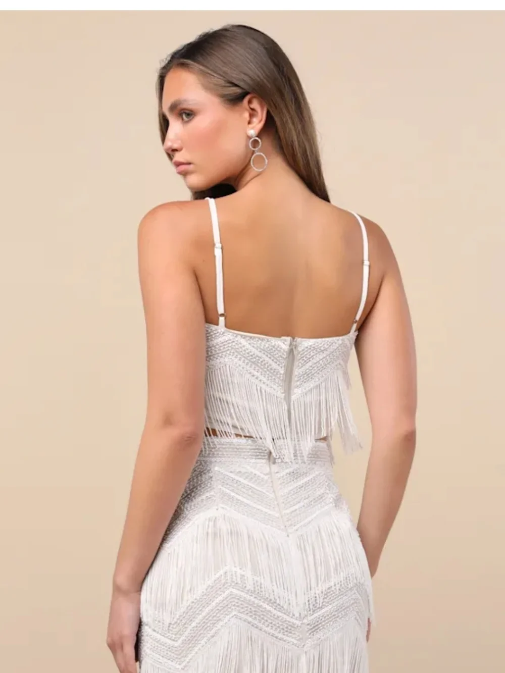 Lulu's White Fringe Beaded Mini Skirt Set - Picture 6 of 8